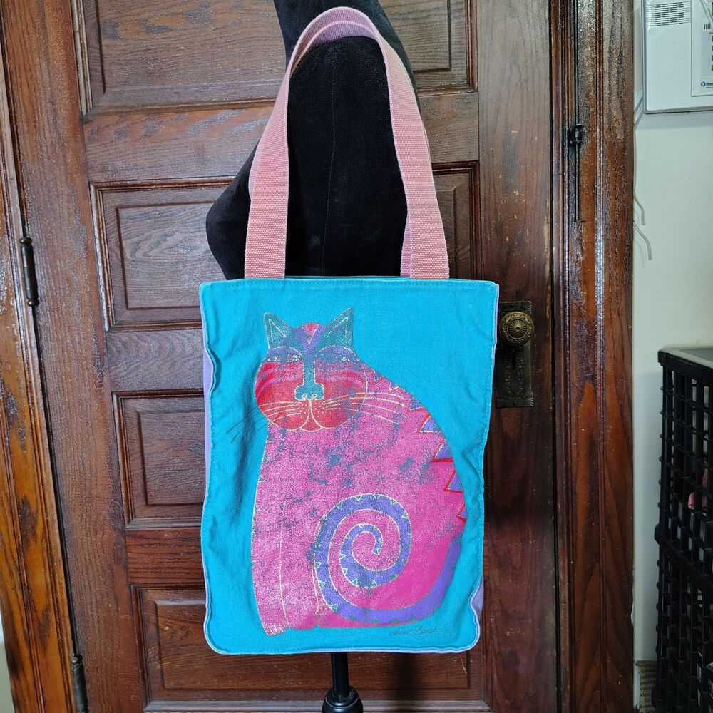 LAUREL BURCH Iconic Cat Logo Vintage Canvas Tote Bag Folk Art